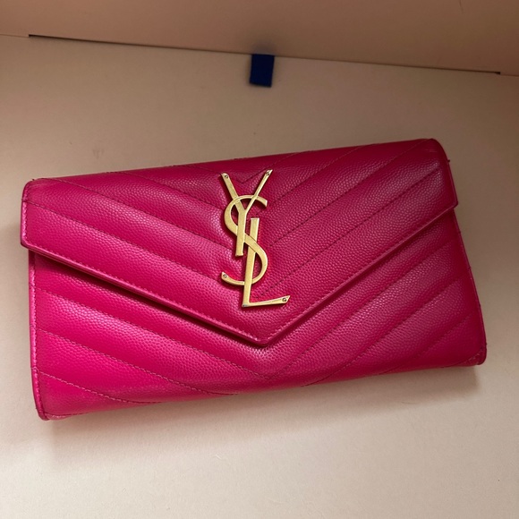 Yves Saint Laurent Handbags - SAINT LAURENT PINK GRAIN DE POUDRE MATELASSE CHEVRON MONOGRAM FLAP WALLET